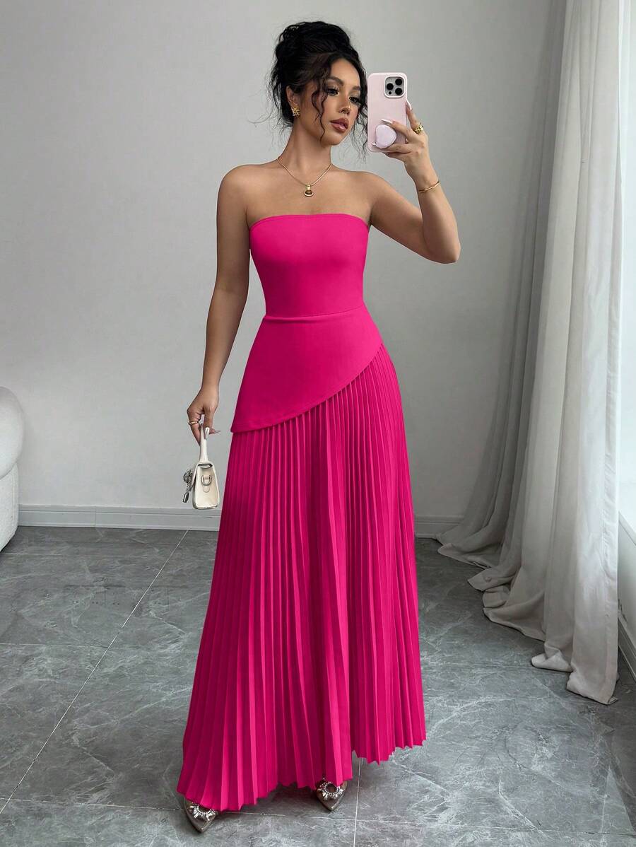 Elenzga 女士纯色抹胸褶腰优雅度假和办公室无袖连衣裙 - 玫紅色 - 查看 1