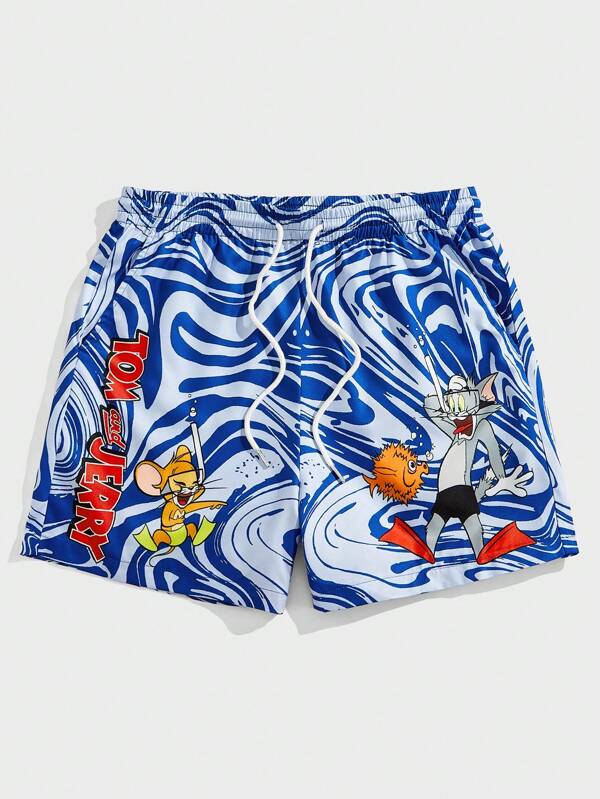 TOM & JERRY X SHEIN Pantaloni scurți de plajă pentru bărbați, bleumarin și alb, cu model de desene animate, cu talie și șnur, hawaieni