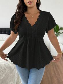 SHEIN Frenchy 大码女士V领蕾丝拼接扎染花卉纹理衬衫 - 黑色 - 查看 1