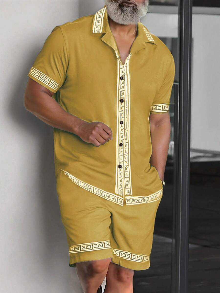 Manfinity Homme 男士几何印花短袖纽扣衬衫和短裤两件套休闲装男士黄色上衣男士两件套男士黄色衬衫黄色衬衫男士 - 黃色 - 查看 1