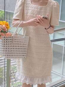 DAZY Square Neck Puff Sleeve Short Bodycon Elegant Women Mini Dress - White - View 6