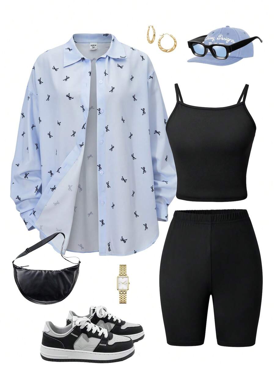 3PCS/SET Teen Girls Outfit, Loose Bowknot Blouse, Black Knitted Camisole And Black Shorts Set, Casual Daily/Holiday Wear - Multicolor - View 1