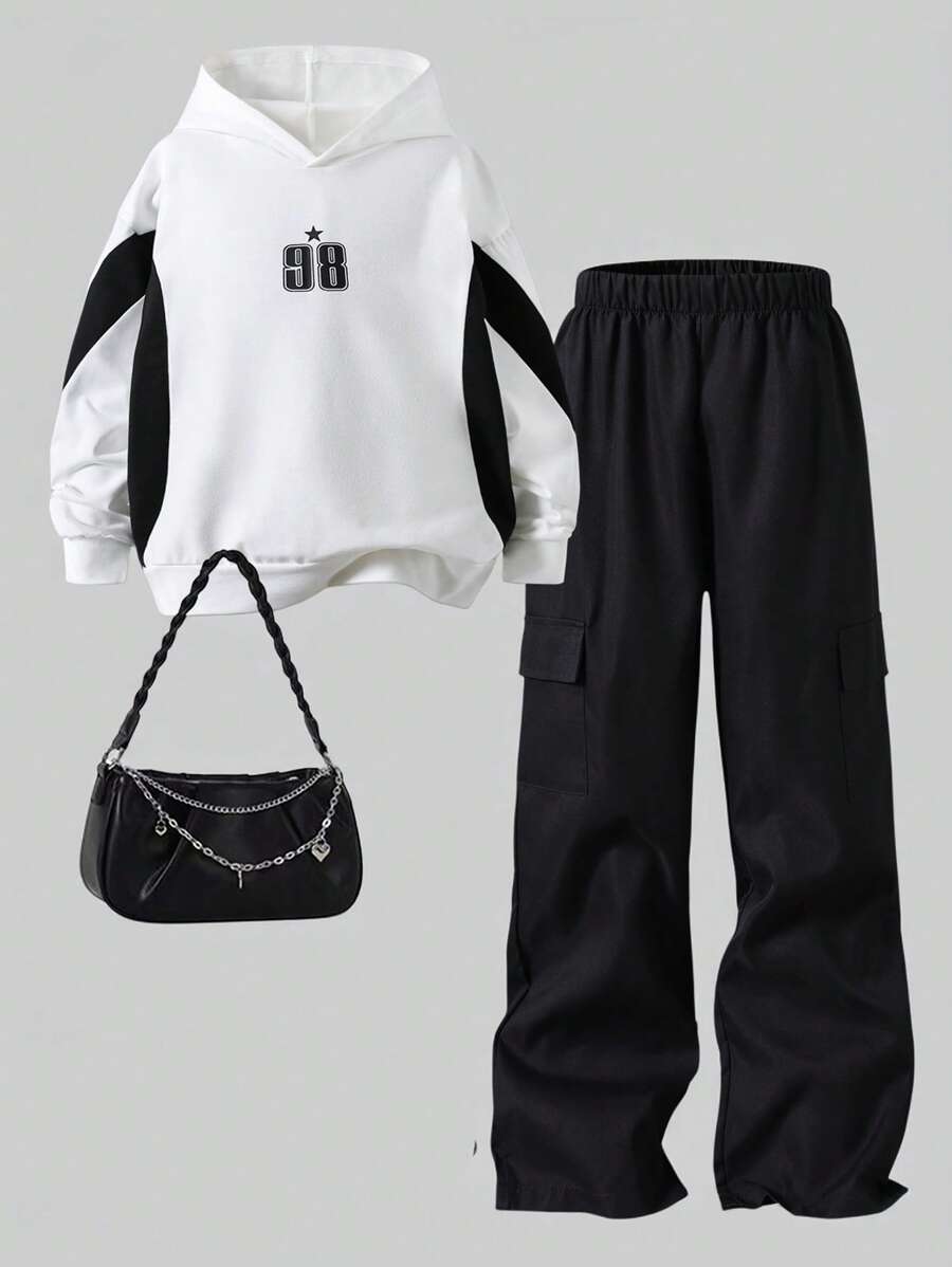 SHEIN Explorewe 2pcs Tween Girls Casual Colorblock Hooded Sweatshirt And Drawstring Pants Outfit - Multicolor - View 1