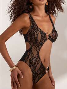 Opulessa Traje de baño de una pieza de encaje calado y sexy para vacaciones de verano de mujeres