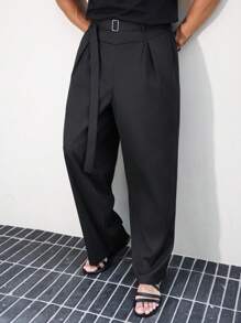 Manfinity Roghcode 男士黑色高腰褶皱阔腿裤，秋季 - 黑色 - 查看 3