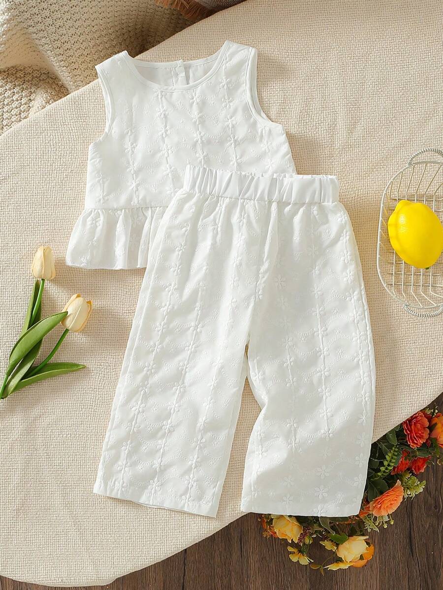 SHEIN 2pcs/Pack Baby Girl Toddler/Newborn 0-3 Years Spring Summer Casual Outgoing Cottn Embroidered Sleeveless Top And Long Pants Set - White - View 1