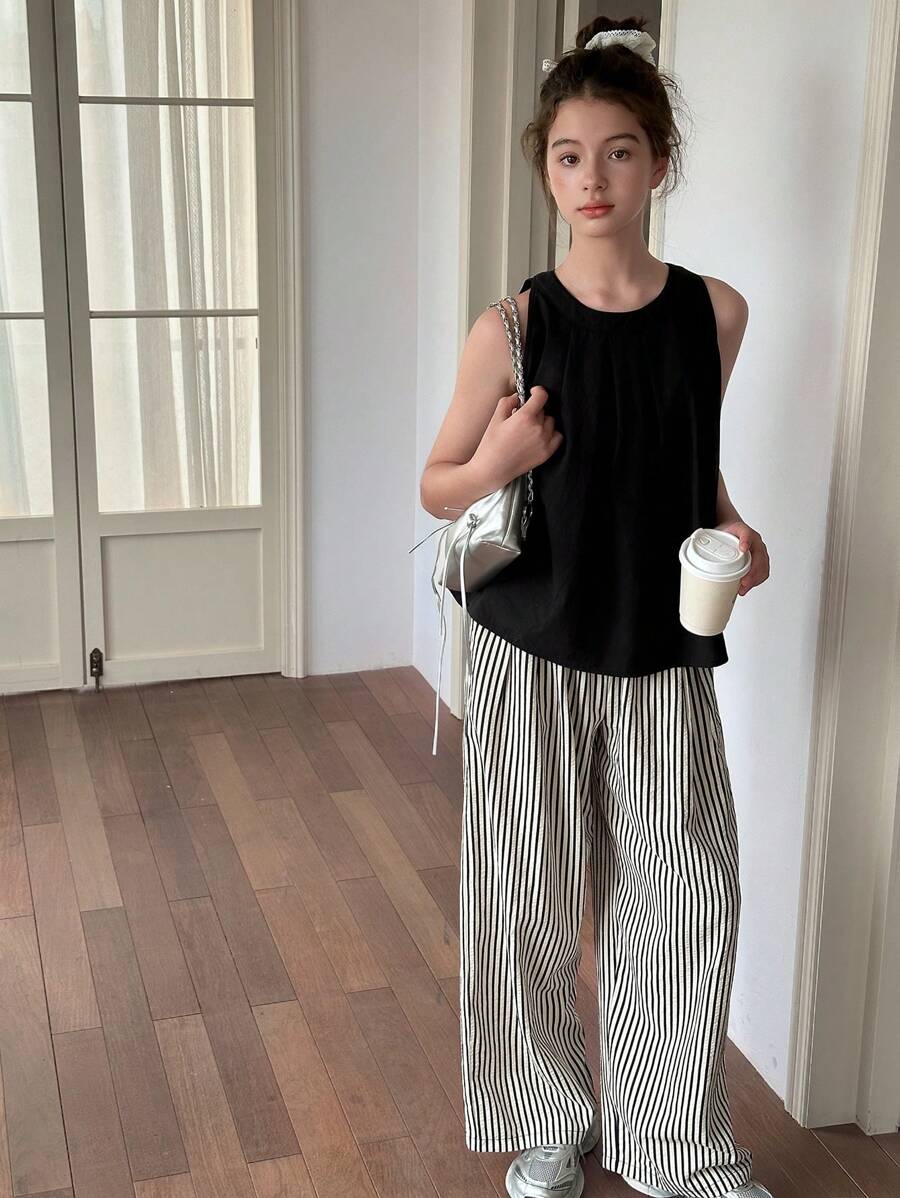DAZY Teen Girl Solid Color Crew Neck Sleeveless Top And Striped Wide Leg Pants 2 Pieces Set,Girls Summer Outfits,Back To School Clothes