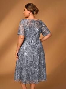 Serin Large Size Elegant Romantic Gorgeous Gray Blue Sequin Embroidery Round Neck Three-Quarter Sleeves A-Line Hem Medium Long Suitable For Dinner Bachelorette Party Date Dance Holiday Music Festival Wedding Event Evening Dress Bride Mother Dress Tea Party Dress