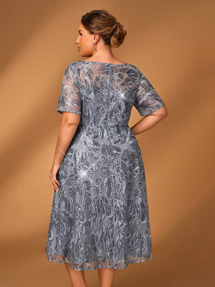 Serin Elegantes, romantisches, üppiges graues Paillettenkleid mit Stickerei, rundem Ausschnitt, Dreiviertelärmeln, A-Linie-Saum, mittellang, geeignet für Abendessen, Junggesellinnenabschied, Date, Tanz, Urlaub, Musikfestival, Hochzeit, Abendveranstaltung, Brautmutterkleid, Teeparty-Kleid, Valentinstag - marineblau - Übersicht 2