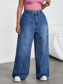 SHEIN EZwear Plus Size Blue Straight-Leg Casual Denim Jeans,Blue,Suitable For Parties, Holidays, Dates, Valentine's Day, Afternoon Tea, Summer / Summer Outfits / Summer Clothes,Year-Round,For Spring/Summer Holiday,Suitable For Summer,Blue Summer,Vacation Outfits Woman,Easter,Spring,Western,Office Outfits For Women,Rave Outfits,Baby Shower Dress,Cottagecore,Country Outfits Women, Chic,Dresses For Women Elegant,Beach Dress,Graduation Dress,Vacation Dress,Easter Dress,Sundress - Blue - View 6