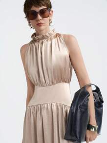Aalyst Women's Elegant Lady-Like Waist Cinched Sleeveless Dress - Champagne - View 5