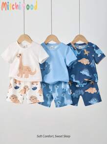 6 pièces/set Pyjamas ou tenue décontractée d'été pour bambin garçon, incluant un t-shirt à manches courtes à col rond confortable avec imprimé mignon de dinosaure et un short