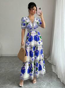 Elenzga Women's Floral Print V-Neck Puff Sleeve Elegant Dress For Resort - Multicolor - View 6