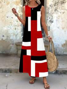 EMERY ROSE Casual Simple Color Block Pattern Dress For Women, Suitable For Summer,Bohemian Clothes Chic Dress - Multicolor - View 3