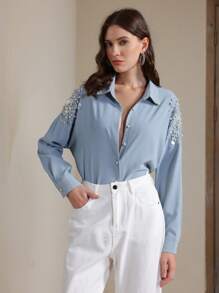 Anewsta Aprikot handgefertigte Bluse mit Perlenverzierung für Frauen, Langarmbluse für Herbst/Winter - Blau - Übersicht 4