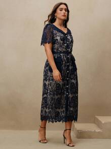 Anewsta Plus Size Women's Waist Cinched V-Neck Short Sleeve Elegant Lace Midi Dress - Blue - View 4