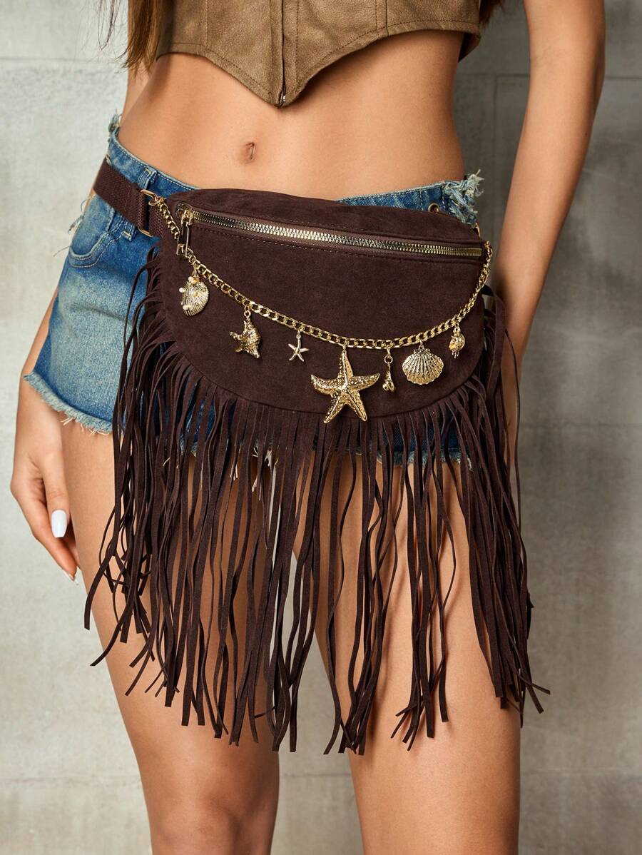 SHECARRY Bolso tipo riñonera con decoración de flecos y cadena con estilo personalizado Y2K chic para mujeres, para festivales de música