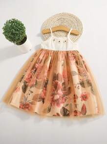 Young Girl Floral Print Mesh Panel Spaghetti Strap Vacation Dress