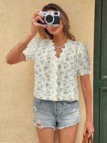SHEIN Frenchy Women's Vacation Floral Print Contrast Lace Short Sleeve Blouse Summer - Mauve Purple - View 5