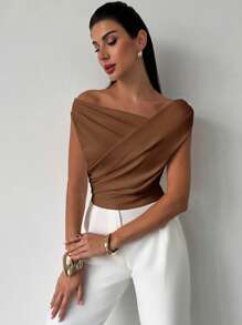 Firerie Women's Elegant Minimalist Chic Fashion Sexy Daily Commute Music Festival Holiday One Shoulder Asymmetrical Draped White Cropped Top, Spring/Summer - Coffee Brown - View 6