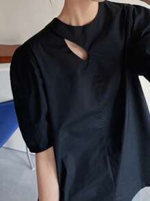 Women's Cotton Solid Hollow Out Puff Sleeve Loose Summer Blouse, Business Casual - Navy Blue - View 6