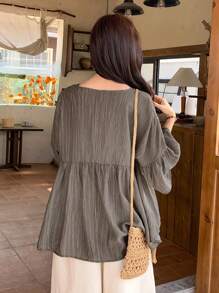 FRIFUL Women's Gray Ruffled Collar Blouse, Summer Wear,Babydoll Top - Grey - View 5