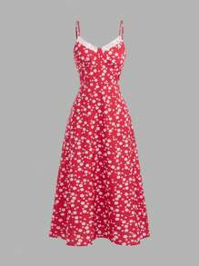 SHEIN Teen Girl Casual Simplicity Ditsy Floral Spaghetti Strap Ruffled Mini Dress