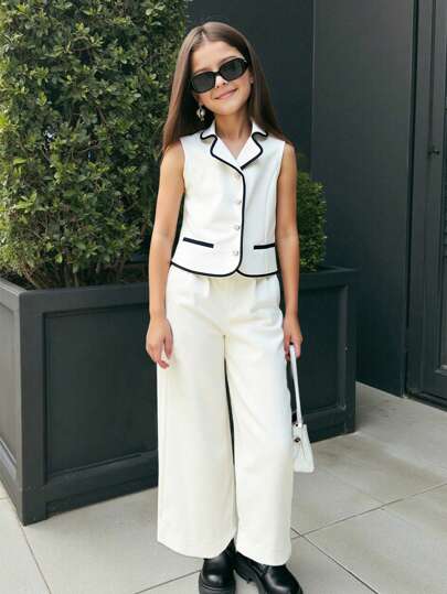 SHEIN Elladie kids 女童白色背心和西装撞色时尚两件套，夏季