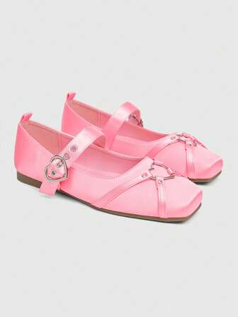 Kawaii Women's Elegant Fashion Square Toe Buckle Rivet Design Flat Loafers, Sweet Punk Style, Pink Color Suitable For Party, Daily Wear, Evening Dress, Comfortable & Versatile