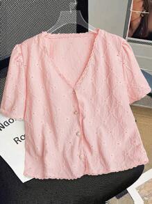 SHEIN Clasi Women's Plus Size Simple Embroidered V-Neck Short Sleeve Shirt, Suitable For Commuting - Pink - View 1