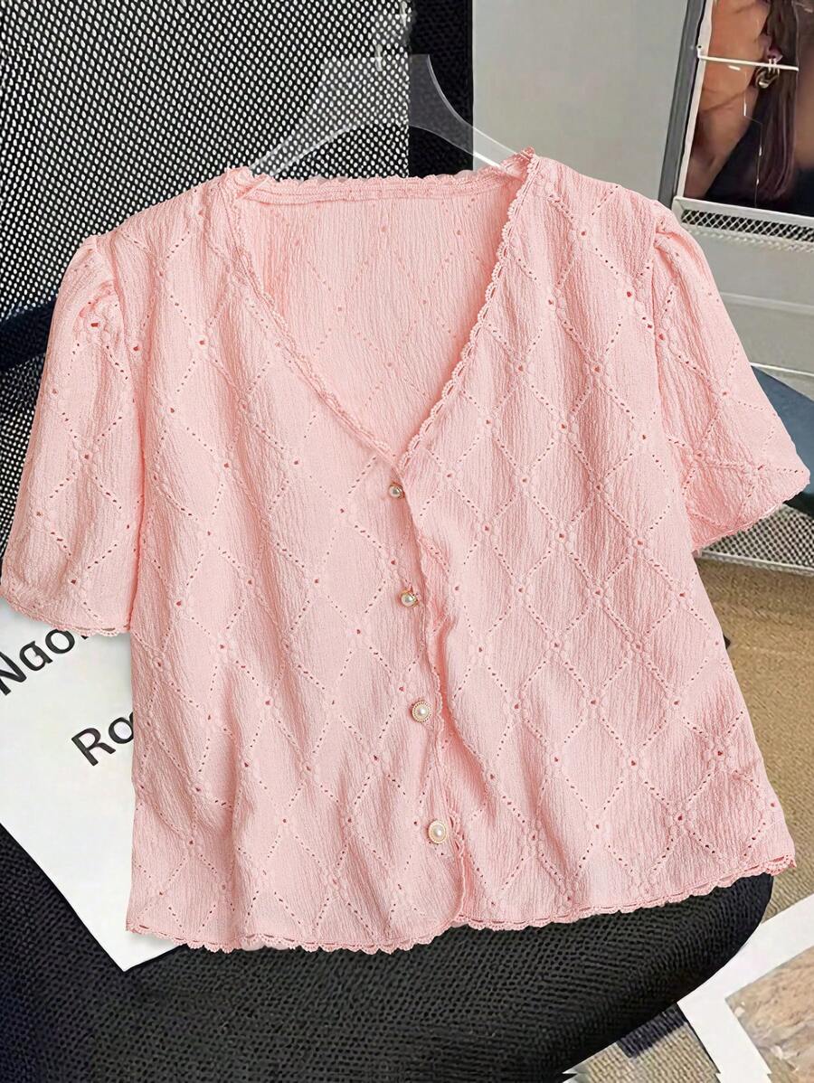 SHEIN Clasi Women's Plus Size Simple Embroidered V-Neck Short Sleeve Shirt, Suitable For Commuting - Pink - View 1
