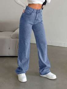 EURMUSE Snow Wash Straight Leg Jeans High Rise ,Petite Women - Medium Wash - View 3