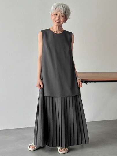 FRIFUL Women Loose Hem Pleated 2 In 1 Long Dress, Solid Color, Summer,Casual Women Dresses