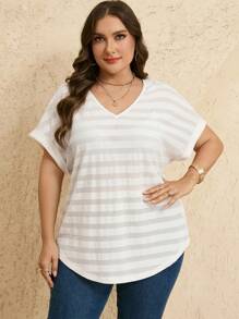 EMERY ROSE Plus Size Women's Summer Striped V Neck Batwing Sleeve Short Sleeve Casual T-Shirt Tunic Top, Fashionable And Elegant Summer Dress, Business Casual Women's Dress, Women's Graduation Dress, Women's Wedding Guest Dress, Graduation Dress, Women's Work Dress,Going Out Tops - Apricot - View 7