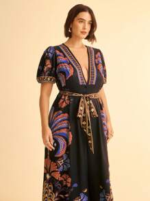 CAJUNI 大码女式度假椰子树、鹦鹉和银杏叶彩色印花 V 领泡泡袖系腰超长连体裤 - 彩色 - 查看 5