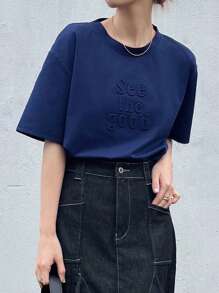 FRIFUL Women's Summer Letter Embossed Casual Round Neck Short Sleeve T-Shirt - Navy Blue - View 5