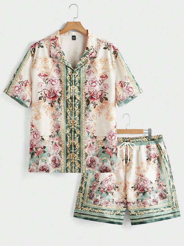 EASEVO Plus Size Men's Printed Woven Short Sleeve Shirt And Shorts Set, Suitable For Summer