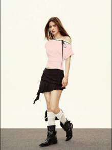 Rina Fox 女士系带设计不对称领口短袖时尚T恤，夏季