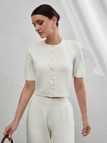 CLARA VERO Women Button Front Mini Buttoned Knit Cardigan Top And Sweater Pant 2pcs Set Co-Ords Cream Two Piece Set Fall Women Clothes Modest Old Money,Petite - Cream - View 6
