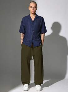 SUMWON 宽松亚麻外观阔腿裤抽绳休闲度假裤度假夏季海滩休闲阔腿裤舒适日常穿着 - 軍綠色 - 查看 3