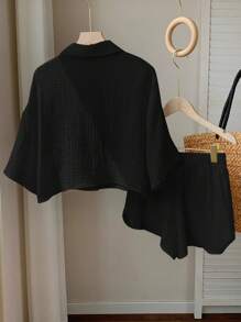 Comfortcana 2pcs Black Summer Resort Women Shirt And Shorts Set - Black - View 2