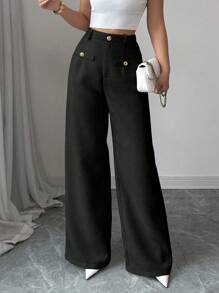 SHEIN PETITE 纹理编织搭配金属扣装饰百搭直筒裤，适合工作和通勤 - 黑色 - 查看 4