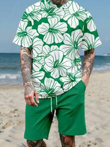 Manfinity RSRT Conjunto informal de verano para hombres con camiseta de manga corta y pantalones cortos sueltos con cordón en la cintura