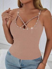 Zolique Women Solid Color Fashion Ribbed Rhinestone Hollow Criss-Cross Cami Top - Brown - View 6