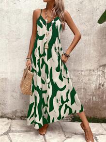 Breezaya Women's Printed A-Line Loose Vacation & Casual Sleeveless Dress - Green - View 6