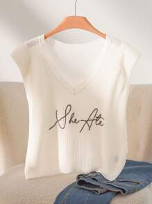 CosyJoli Plus Size Casual V-Neck Letter Embroidered Sleeveless T-Shirt Knit Sweater - White - View 5