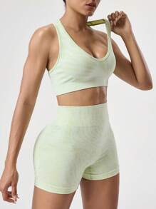 SHEIN Sports Conjunto de ropa deportiva de top de tirantes y shorts de unicolor simple para mujer - verde menta - Ver 5