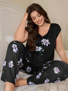 SHEIN Daisy Printed V-Neck Short Sleeve Casual Loungewear Set - Black - View 1