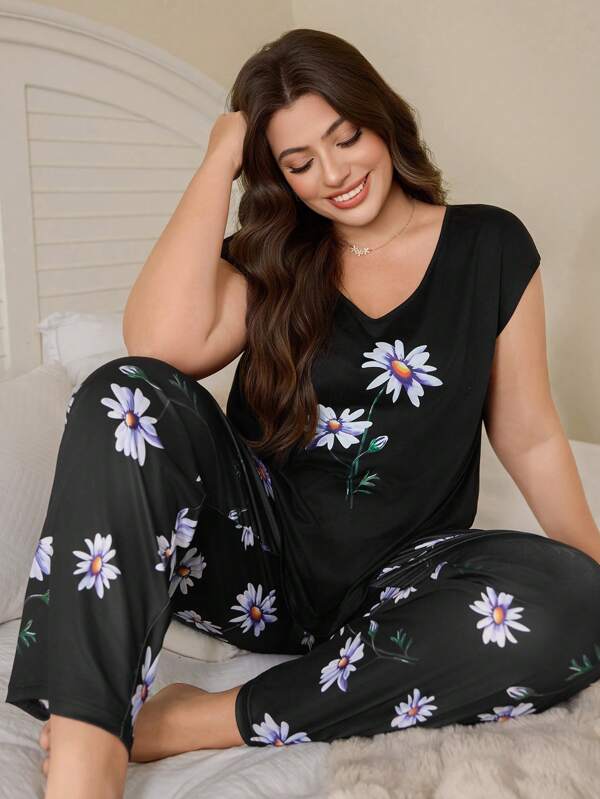 SHEIN Daisy Printed V-Neck Short Sleeve Casual Loungewear Set
