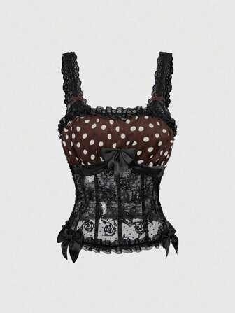 Grunge Punk Canottiera da donna in stile Y2K, per San Valentino, con pois e contrasto in pizzo